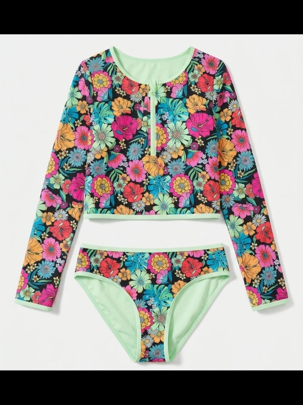 Limited Too Floral Long-Sleeve Rashguard Set in Black, Pink & Mint